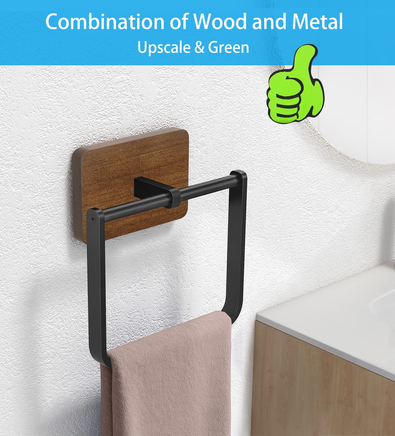 Doku 2Pack Square Towel Ring, Hand Towel Holder For Bathroom, Towel Rack Hanger For Kitchen Wall Mount Heavy Duty Storage, Black